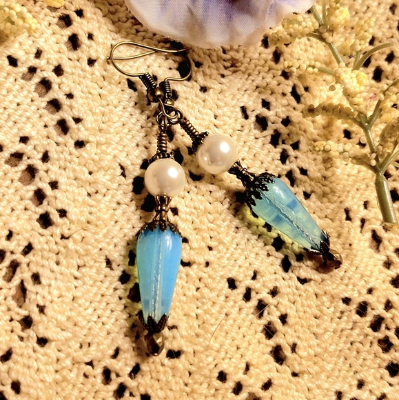 Romantic Victorian Pearl Earrings with an Opalescent Blue Teardrop - Picture 2 of 4